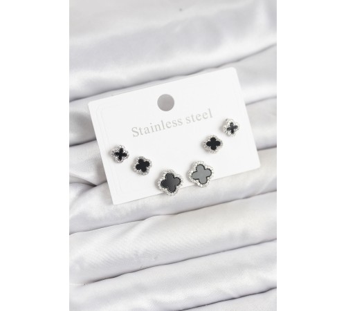 316L Çelik Gümüş Renk Zirkon Taşlı Yonca Model Kadın Küpe Seti - TJ-BKP11587