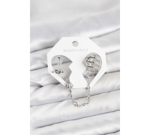 Pirinç Gümüş Renk Sarmal Model Zincir Bağlantılı Ear Cuff Küpe Seti - TJ-BKP11537