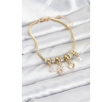 Pirinç Gold Renk Kutup Yıldızı ve Kalp Charmlı Kadın Bileklik - TJ-BB8181