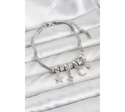 Pirinç Gümüş Renk Yılan Charmlı Kadın Bileklik - TJ-BB8182