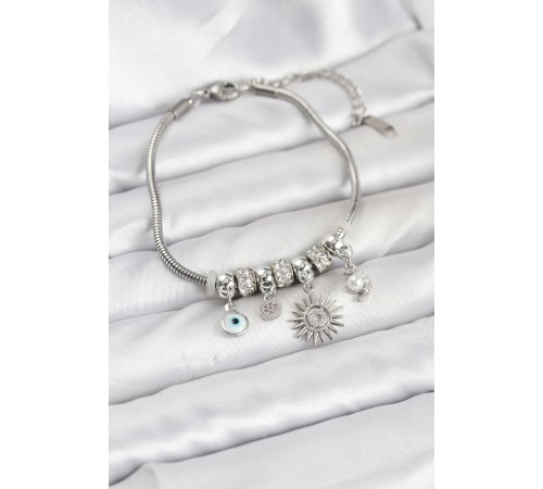 Pirinç Gümüş Renk Güneş Charmlı Kadın Bileklik - TJ-BB8184