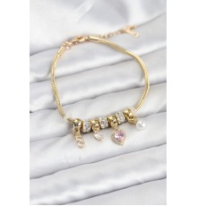 Pirinç Gold Renk Pembe Kalp Charmlı Kadın Bileklik - TJ-BB8191
