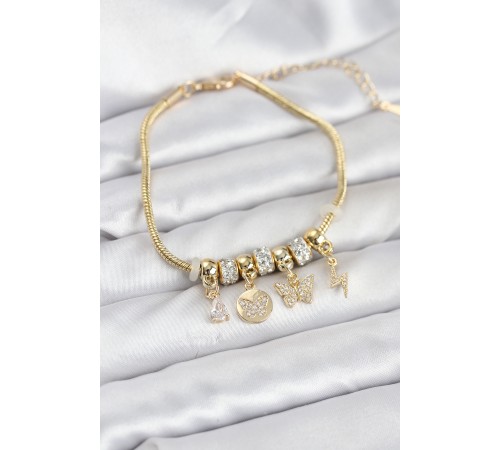 Pirinç Gold Renk Charmlı Kadın Bileklik - TJ-BB8193