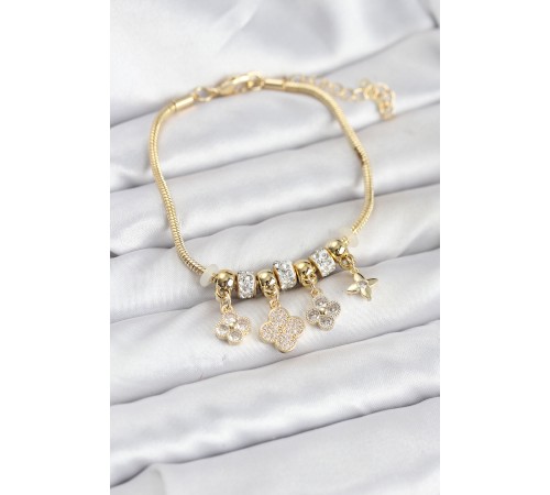 Pirinç Gold Renk Yonca Model Kadın Bileklik - TJ-BB8195