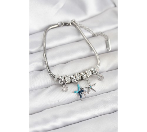 Pirinç Gümüş Renk Yıldız Model Charmlı Kadın Bileklik - TJ-BB8200