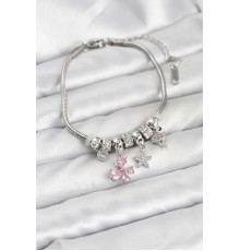 Pirinç Gümüş Renk Pembe Charmlı Kadın Bileklik - TJ-BB8204