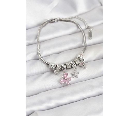 Pirinç Gümüş Renk Pembe Charmlı Kadın Bileklik - TJ-BB8204