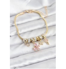 Pirinç Gold Renk Pembe Charmlı Kadın Bileklik - TJ-BB8205