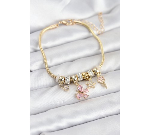 Pirinç Gold Renk Pembe Charmlı Kadın Bileklik - TJ-BB8205