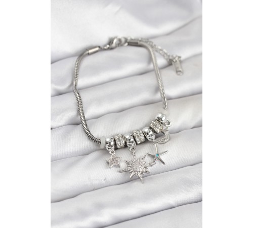 Pirinç Gümüş Renk Güneş Tema Charmlı Kadın Bileklik - TJ-BB8210