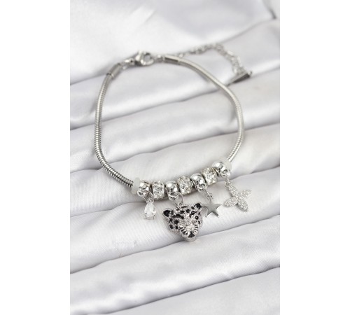 Pirinç Gümüş Renk Kaplan Model Charmlı Kadın Bileklik - TJ-BB8212