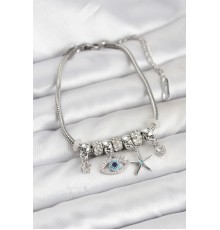 Pirinç Gümüş Renk Göz Model Charmlı Kadın Bileklik - TJ-BB8216