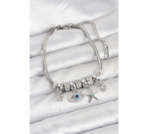 Pirinç Gümüş Renk Göz Model Charmlı Kadın Bileklik - TJ-BB8216