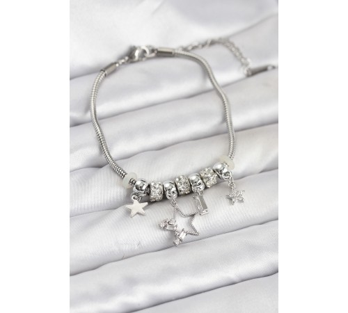 Gümüş Renk Pirinç Yıldız Model Charmlı Kadın Bileklik - TJ-BB8220