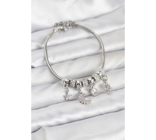 Pirinç Gümüş Renk Ay Charm Model Charmlı Kadın Bileklik - TJ-BB8174