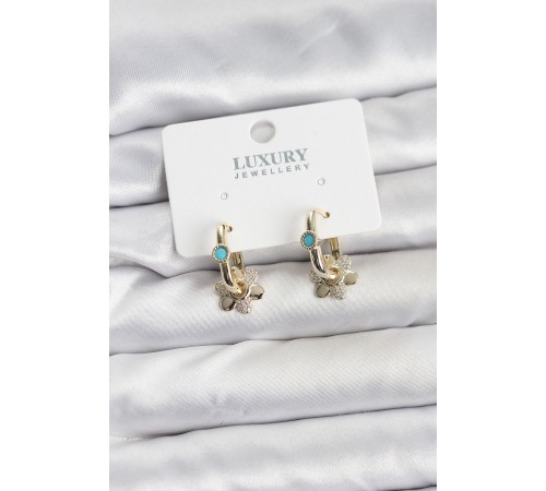 Mavi Taş Detaylı Pirinç Gold Renk Kadın Göçmen Küpesi - TJ-BKP11598