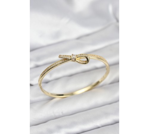 Pirinç Gold Renk Zirkon Taşlı Fiyonk Model Kadın Kelepçe Bileklik - TJ-BB8224