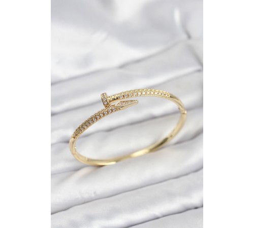 Pirinç Gold Renk Zirkon Taşlı Çivi Model Kadın Kelepçe Bileklik - TJ-BB8225