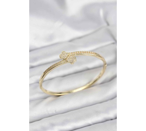 Pirinç Gold Renk Zirkon Taşlı Yonca Model Kadın Kelepçe Bileklik - TJ-BB8227