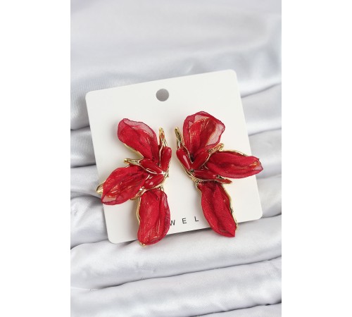 Lotus Model Kırmızı Renk Tüllü Kadın Küpe - TJ-BKP11635