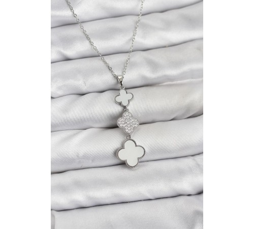 316L Çelik Zincir Gümüş Renk Yonca Detaylı Zirkon Taşlı Kadın Kolye - TJ-BKO10828