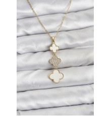 316L Çelik Zincir Gold Renk Yonca Detaylı Zirkon Taşlı Kadın Kolye - TJ-BKO10829