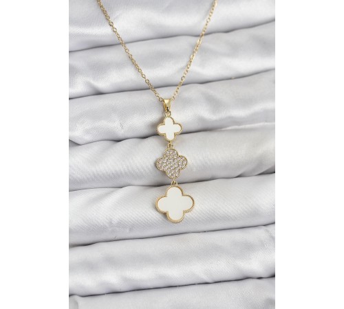 316L Çelik Zincir Gold Renk Yonca Detaylı Zirkon Taşlı Kadın Kolye - TJ-BKO10829
