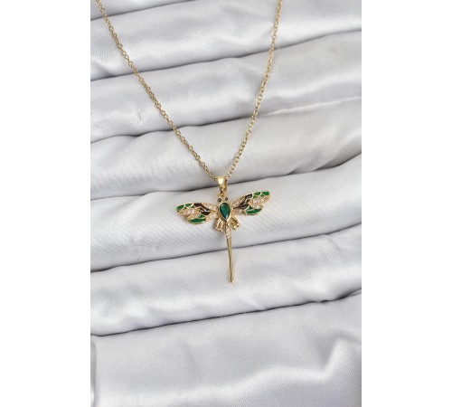 316L Çelik Zincir Gold Renk Yusufçuk Model Zirkon Taşlı Kadın Kolye - TJ-BKO10833