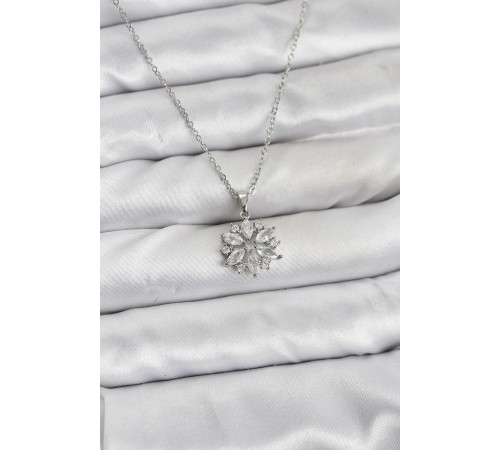 316L Çelik Zincir Gümüş Renk Lotus Model Zirkon Taşlı Kadın Kolye - TJ-BKO10834
