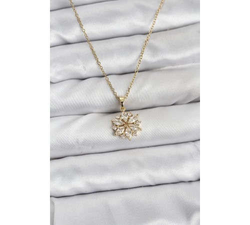 316L Çelik Zincir Gold Renk Lotus Model Zirkon Taşlı Kadın Kolye - TJ-BKO10835