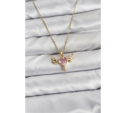 316L Çelik Zincir Gold Renk Kanatlı Kalp Model Zirkon Taşlı Kadın Kolye - TJ-BKO10837