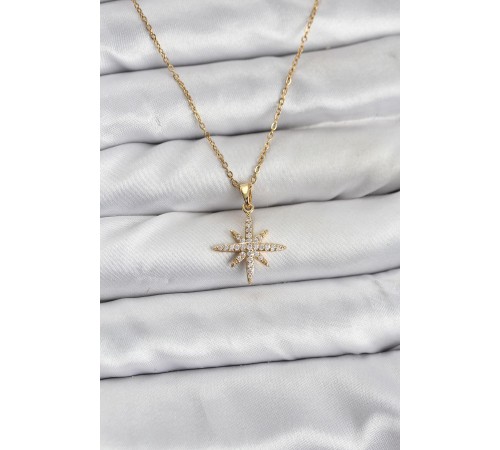 316L Çelik Zincir Gold Renk Kutup Yıldızı Model Zirkon Taşlı Kadın Kolye - TJ-BKO10839