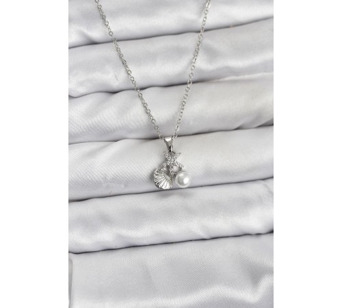 316L Çelik Zincir Gümüş Renk Deniz Kabuğu ve Deniz Yıldızı Model Zirkon Taşlı Kadın Kolye - TJ-BKO10840