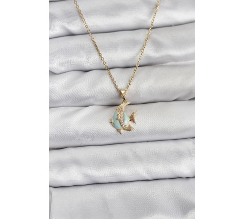 316L Çelik Zincir Gold Renk Balık Model Zirkon Taşlı Kadın Kolye - TJ-BKO10846