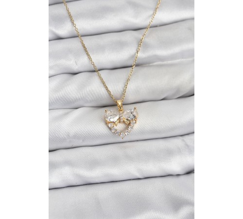 316L Çelik Zincir Gold Renk Kalp ve Fiyonk Model Zirkon Taşlı Kadın Kolye - TJ-BKO10848