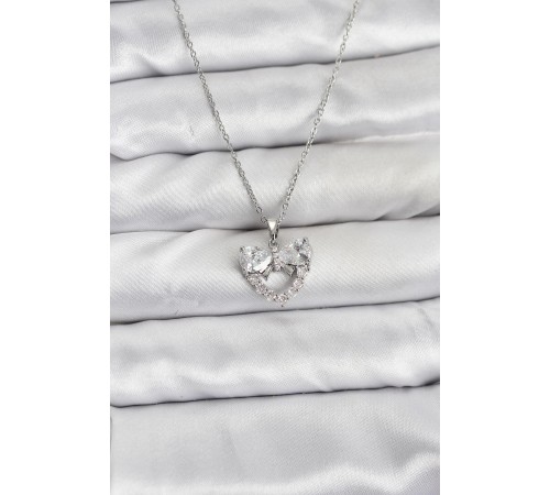 316L Çelik Zincir Gümüş Renk Kalp ve Fiyonk Model Zirkon Taşlı Kadın Kolye - TJ-BKO10849