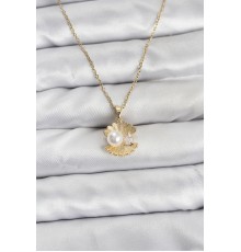 316L Çelik Zincir Gold Renk İstiridye İnci Model Zirkon Taşlı Kadın Kolye - TJ-BKO10850