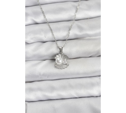 316L Çelik Zincir Gümüş Renk İstiridye İnci Model Zirkon Taşlı Kadın Kolye - TJ-BKO10851