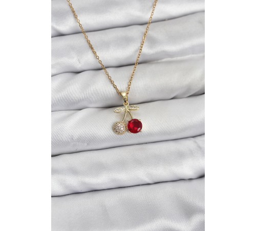 316L Çelik Zincir Gold Renk Kiraz Model Zirkon Taşlı Kadın Kolye - TJ-BKO10854