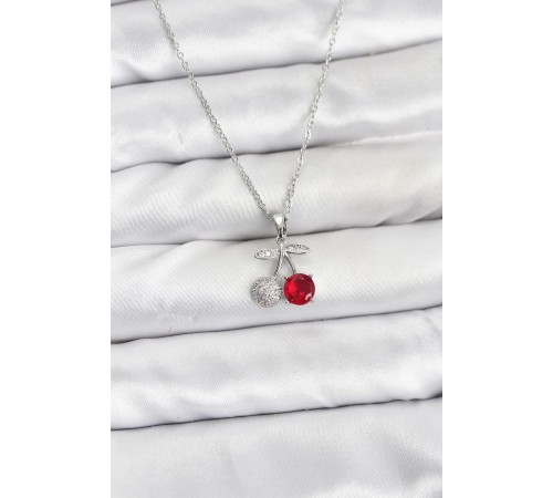 316L Çelik Zincir Gümüş Renk Kiraz Model Zirkon Taşlı Kadın Kolye - TJ-BKO10855