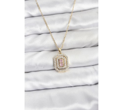 316L Çelik Zincir Gold Renk Plaka Model Zirkon Taşlı Kadın Kolye - TJ-BKO10858