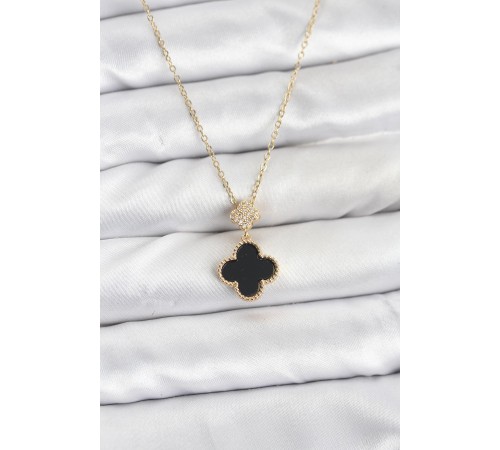 316L Çelik Zincir Gold Renk Yonca Model Zirkon Taşlı Kadın Kolye - TJ-BKO10863
