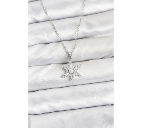 316L Çelik Zincir Gümüş Renk Kar Tanesi Model Zirkon Taşlı Kadın Kolye - TJ-BKO10864