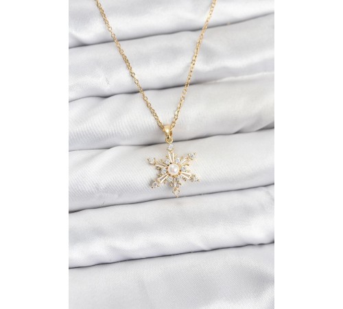 316L Çelik Zincir Gold Renk Kar Tanesi Model Zirkon Taşlı Kadın Kolye - TJ-BKO10865
