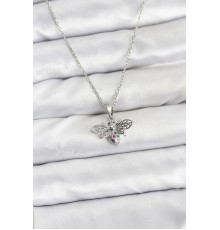 316L Çelik Zincir Gümüş Renk Sinek Model Zirkon Taşlı Kadın Kolye - TJ-BKO10874