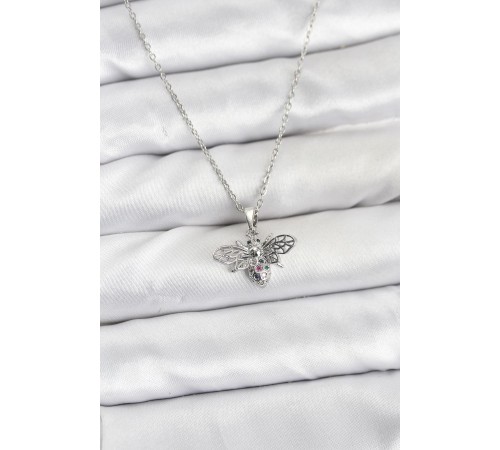 316L Çelik Zincir Gümüş Renk Sinek Model Zirkon Taşlı Kadın Kolye - TJ-BKO10874