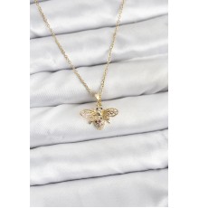 316L Çelik Zincir Gold Renk Sinek Model Zirkon Taşlı Kadın Kolye - TJ-BKO10875
