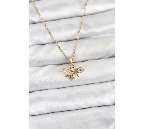 316L Çelik Zincir Gold Renk Sinek Model Zirkon Taşlı Kadın Kolye - TJ-BKO10875