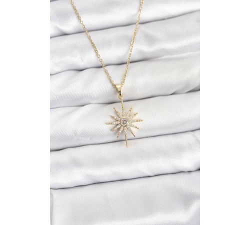 316L Çelik Zincir Gold Renk Kutup Yıldızı Model Zirkon Taşlı Kadın Kolye - TJ-BKO10877