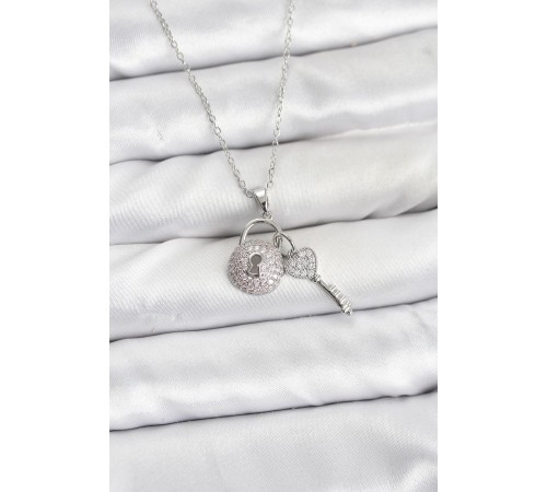 316L Çelik Zincir Gümüş Renk Kilit Anahtar Model Zirkon Taşlı Kadın Kolye - TJ-BKO10880